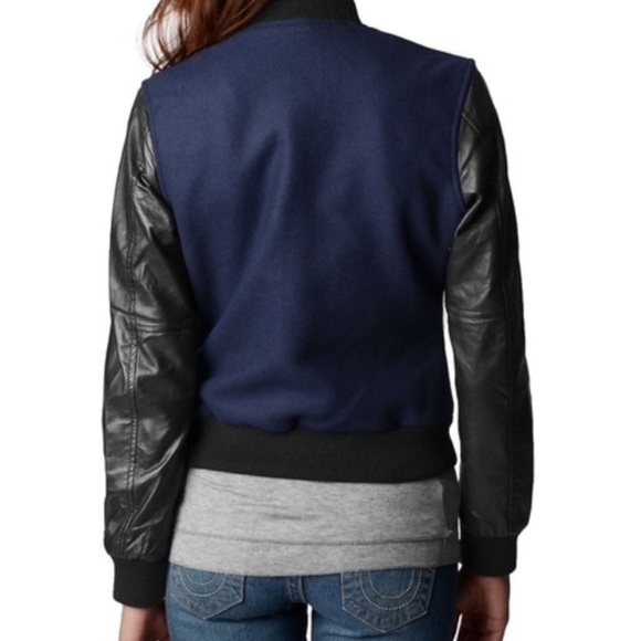 True Religion Richie Varsity Letterman Bomber Jacket Women's M | Black & Blue - Picture 3 of 16